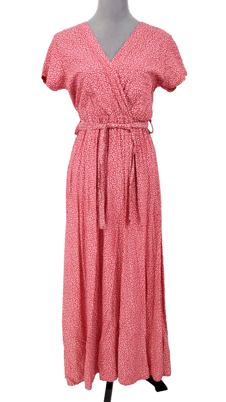 JB Fashion Dress Womens Small Pink Ditzy Floral Belted Maxi Italy Faux Wrap New